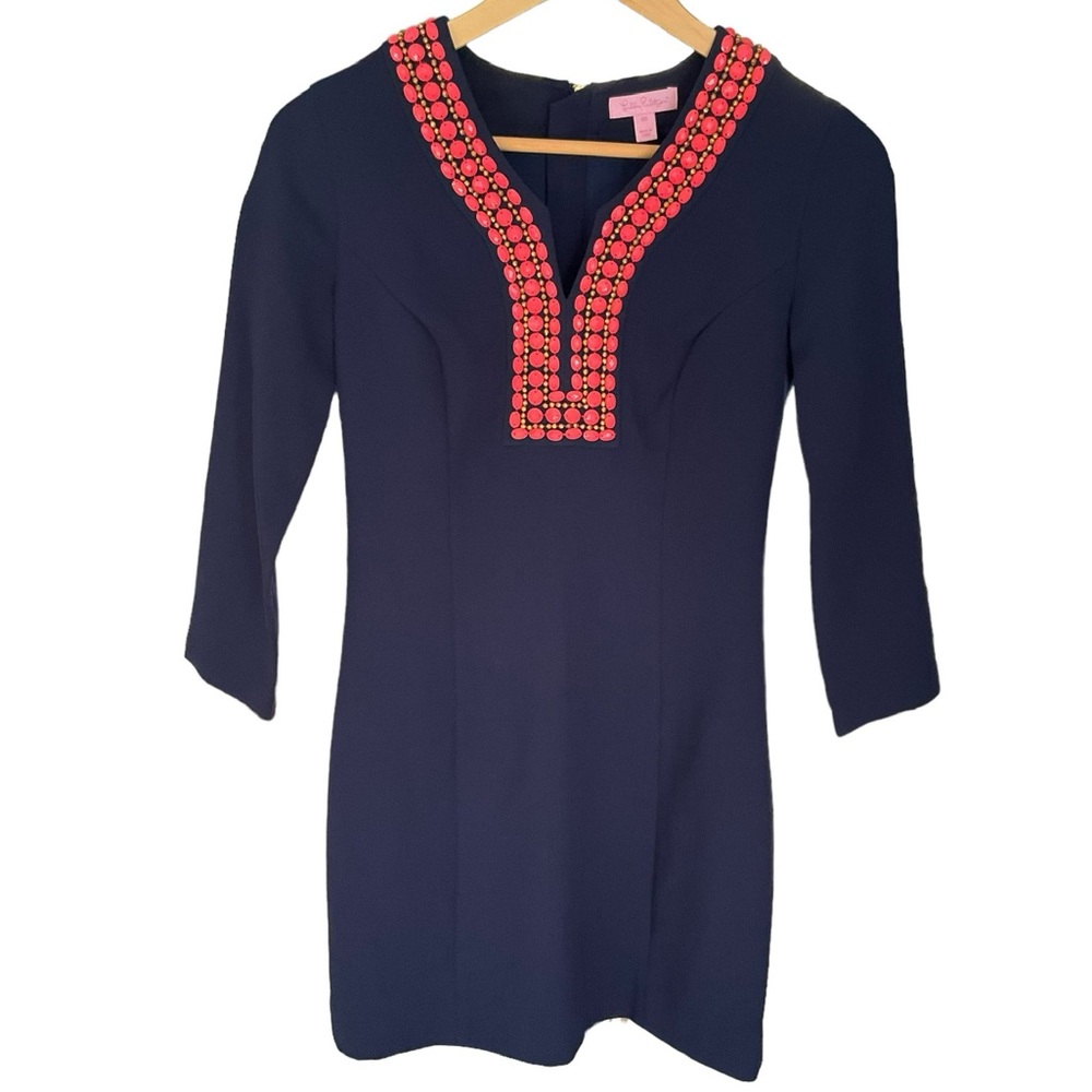 Lilly Pulitzer Bennett Mini Sheath Dress Navy Blue Coral Beaded Jewels - Picture 2 of 16